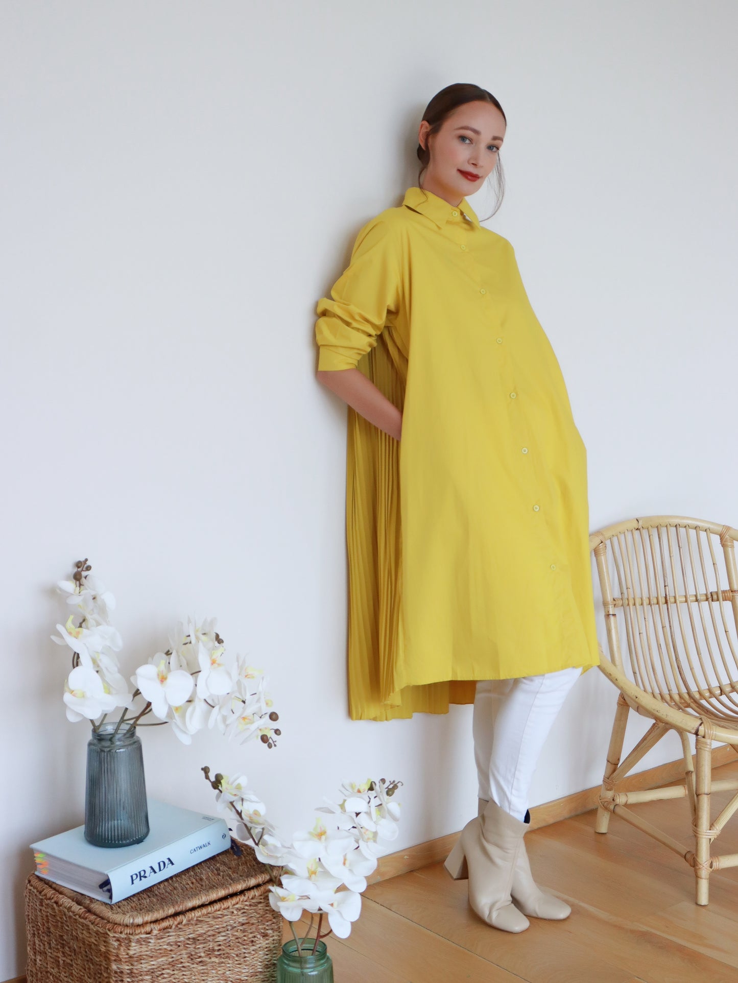 Marie Pleated Dress in Mustard